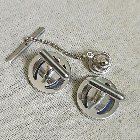 Vintage Genuine Sodalite Blue Natural Gemstone Cufflinks Tie Tack Set - Picture 4 of 7